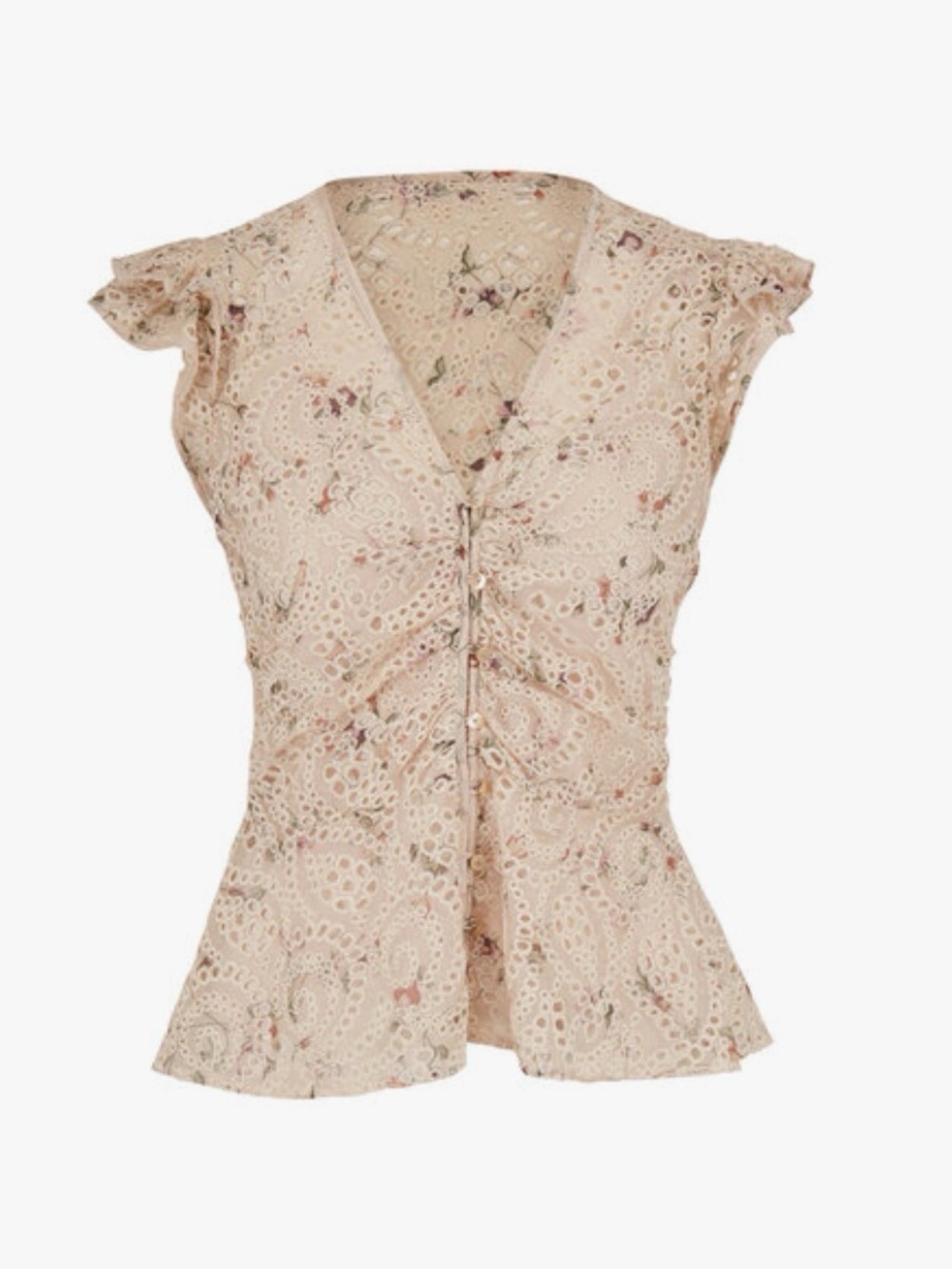 Veronica Beard Mayam Eyelet Ruffle Sleeve V-Neck Top - Cream - 4 - Picture 2 of 14